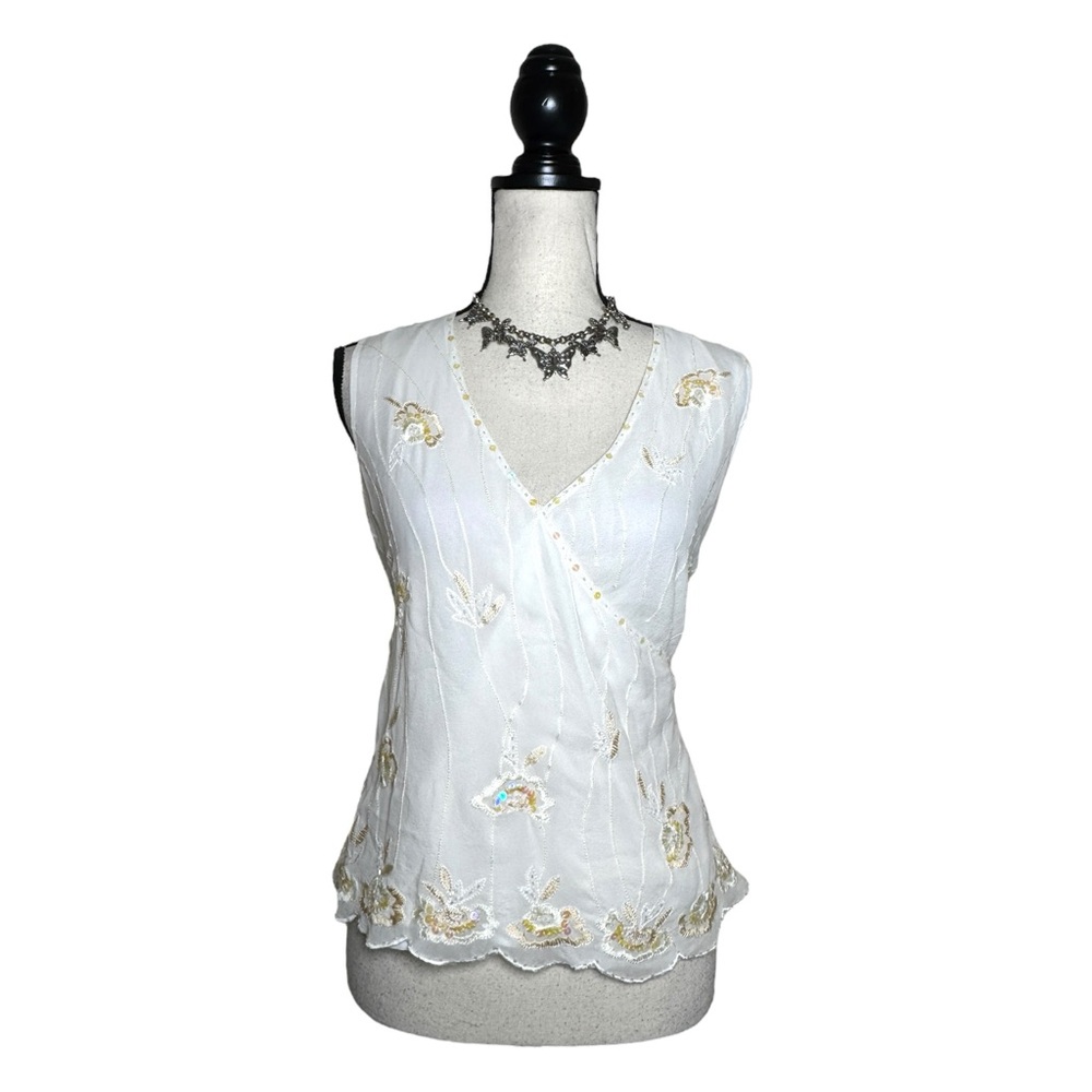 Y2K JPR Separates Sheer White Silk Beaded V Neckline Fairy Blouse Size Medium